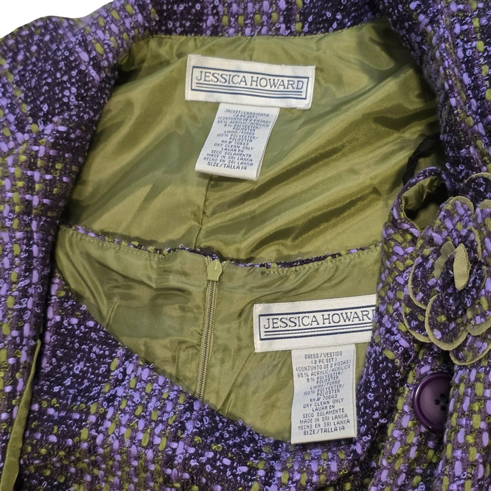 Jessica Howard Size 14 2-Piece Tweed Dress Jacket Set Purple Green Plaid Vintage - Picture 10 of 11